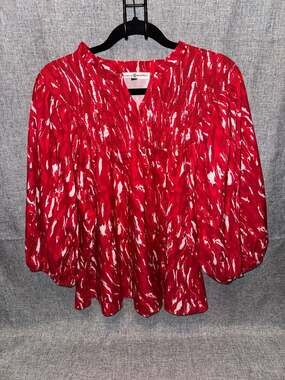 Michelle McDowell Red and White Abstract Print Smocked Boho Blouse